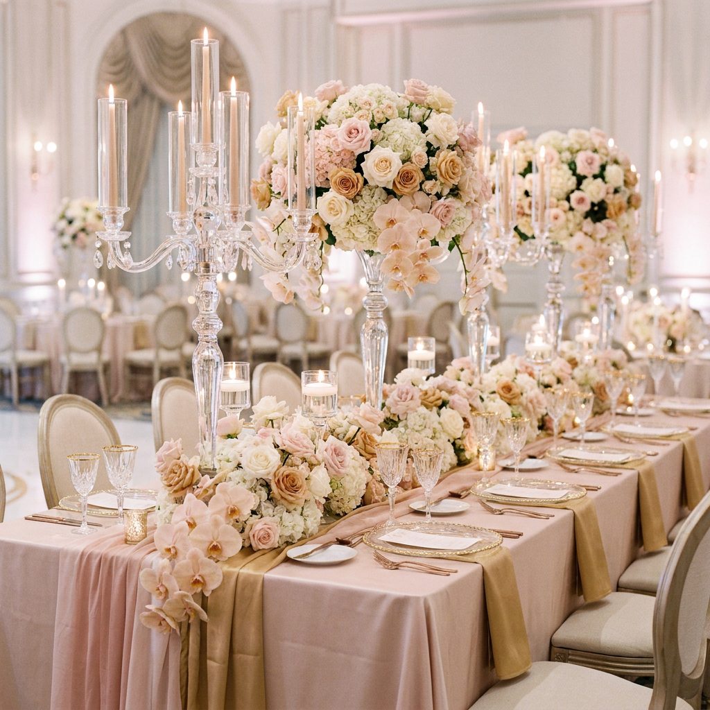 Breathtaking wedding sweetheart table styled with romantic floral runners