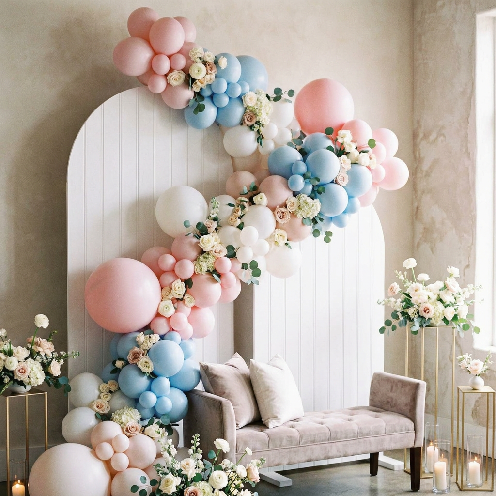 Premium shower event styling featuring custom arches and props