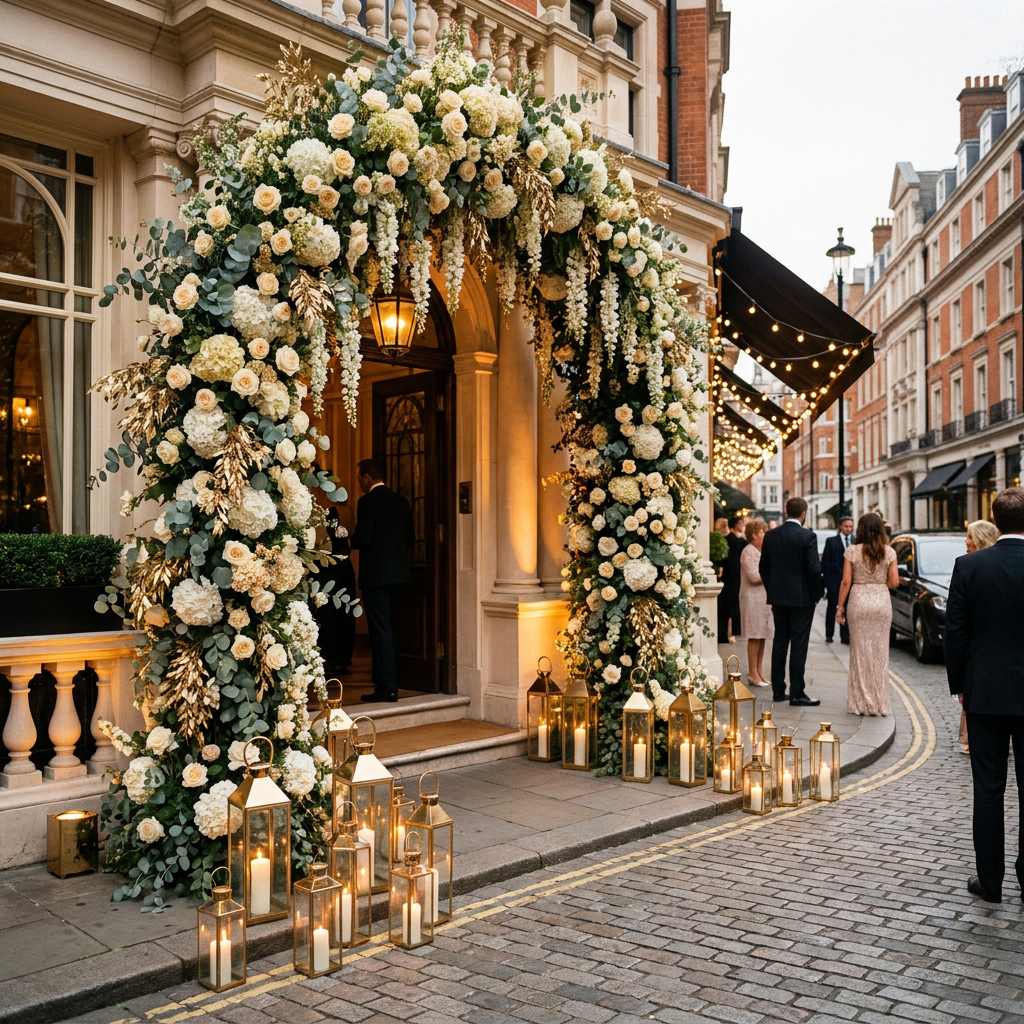Majestic wedding reception entrance styled with ivory floral arches and gold lanterns