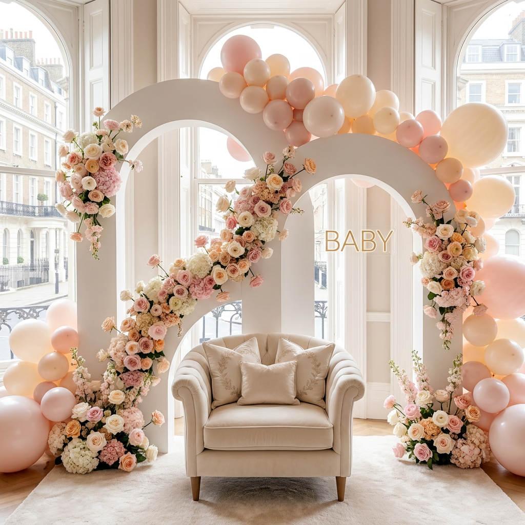 Breathtaking baby shower backdrop with pastel balloon clouds and interlocking sailboards